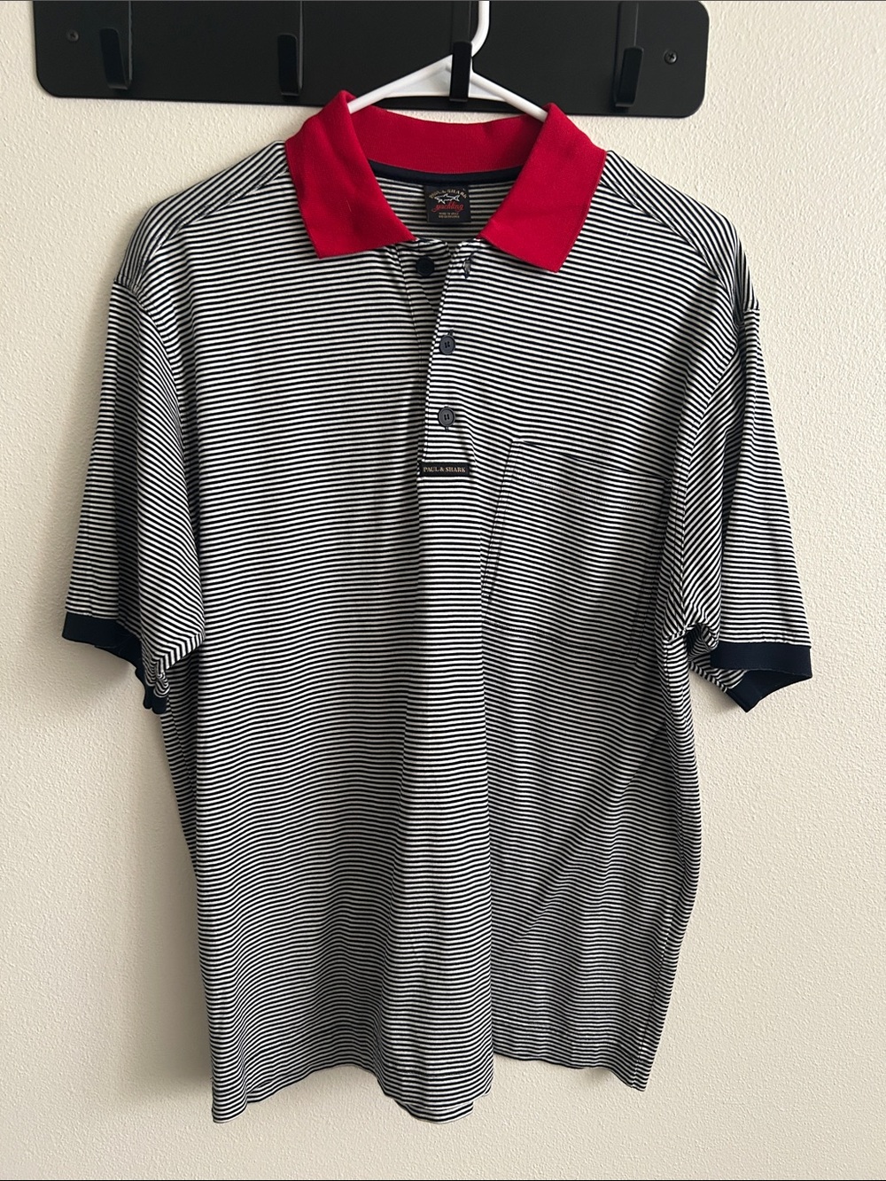 Paul &Shark L Made in Italy Men Black/White Stripe Cotton Polo Shirt RedCollar
